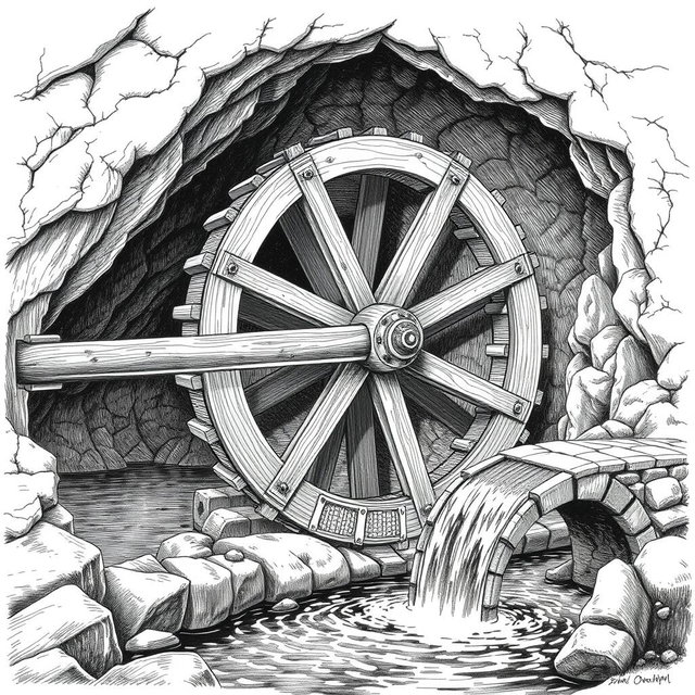 A detailed black and white drawing of a large wooden water wheel operating next to a small underground river