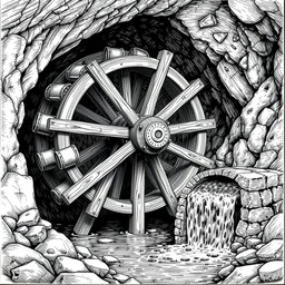A detailed black and white drawing of a large wooden water wheel operating next to a small underground river