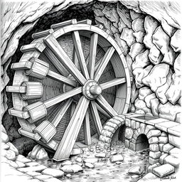A detailed black and white drawing of a large wooden water wheel operating next to a small underground river