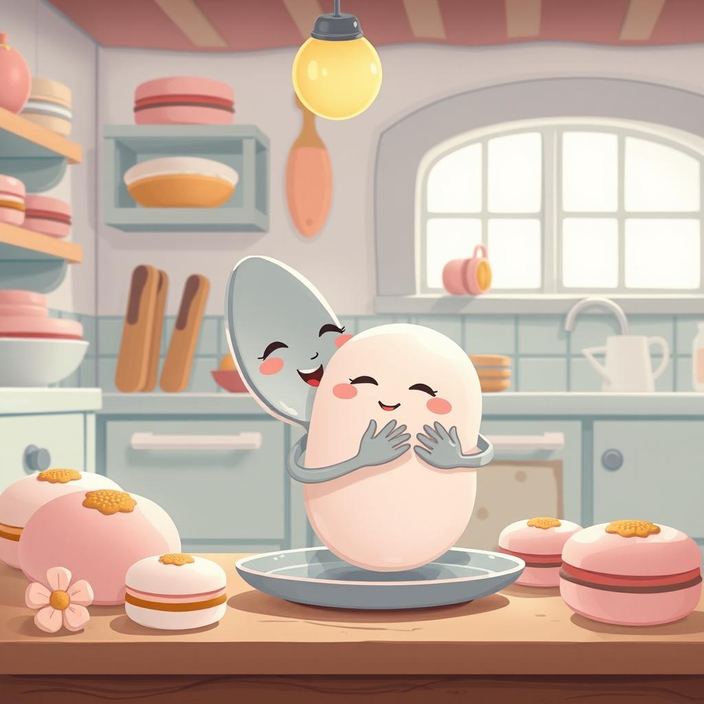 In a cartoon-style fairy tale kitchen filled with soft pastel colors reminiscent of macarons, a smiling spoon lovingly embraces a soft, fluffy tangyuan (glutinous rice ball) baby