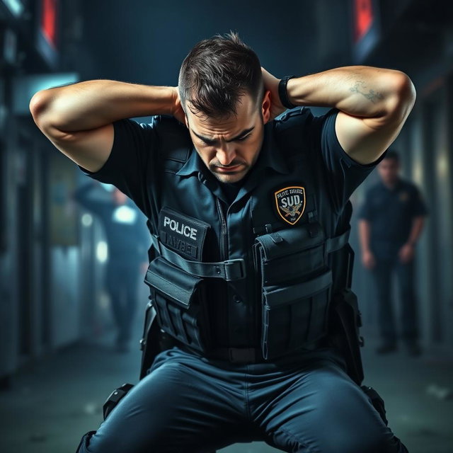 Dramatic Surrender: A Policeman in Full Gear