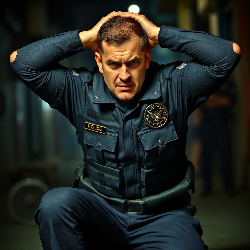 A dramatic scene featuring a policeman in full gear, kneeling with his hands behind his head, appearing to struggle