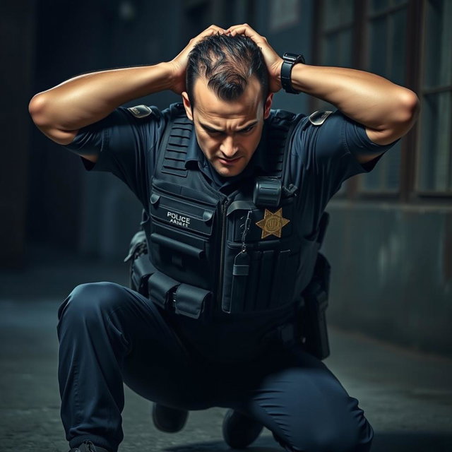 Dramatic Surrender: A Policeman in Full Gear