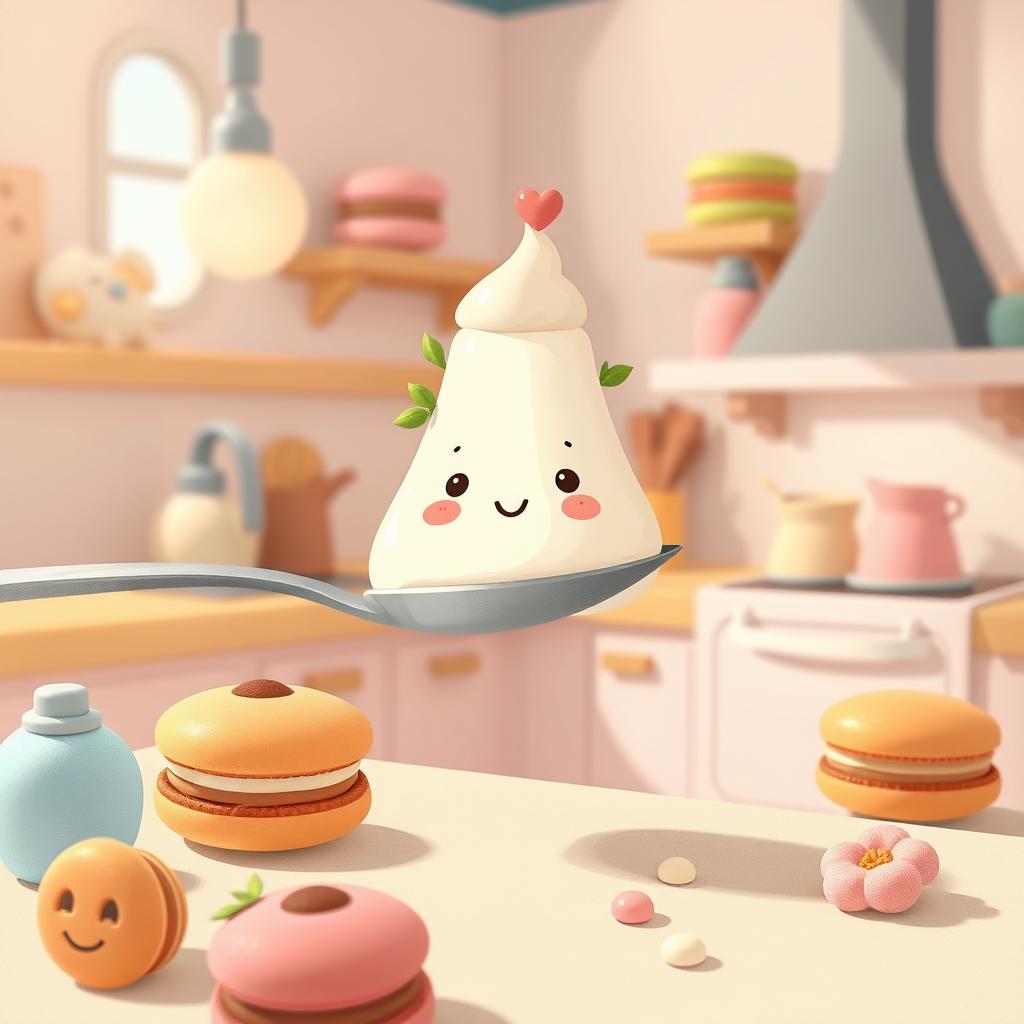 In a cartoon-style fairy tale kitchen bathed in soft pastel colors reminiscent of macarons, a cute yogurt hill sits atop a smiling spoon
