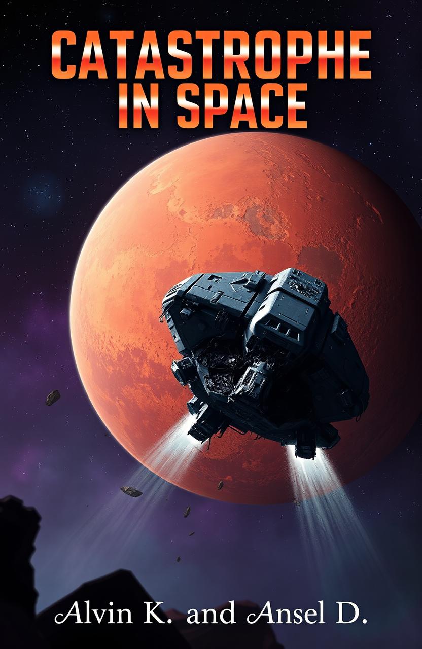 A damaged spaceship, with visible signs of distress and debris, moving closely toward the rusty surface of the red planet, Mars