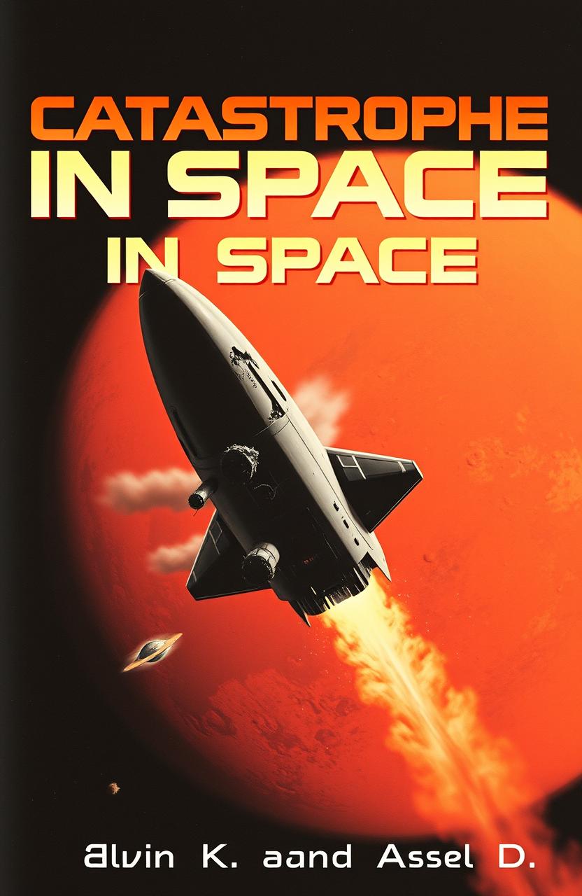 A damaged spaceship hurtling through space, with visible damage like torn metal and smoke escaping from its hull, moving closely towards the red planet Mars which is prominently featured in the background with its reddish terrain