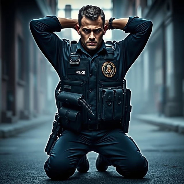 A Moment of Surrender: Policeman Kneeling in Full Gear