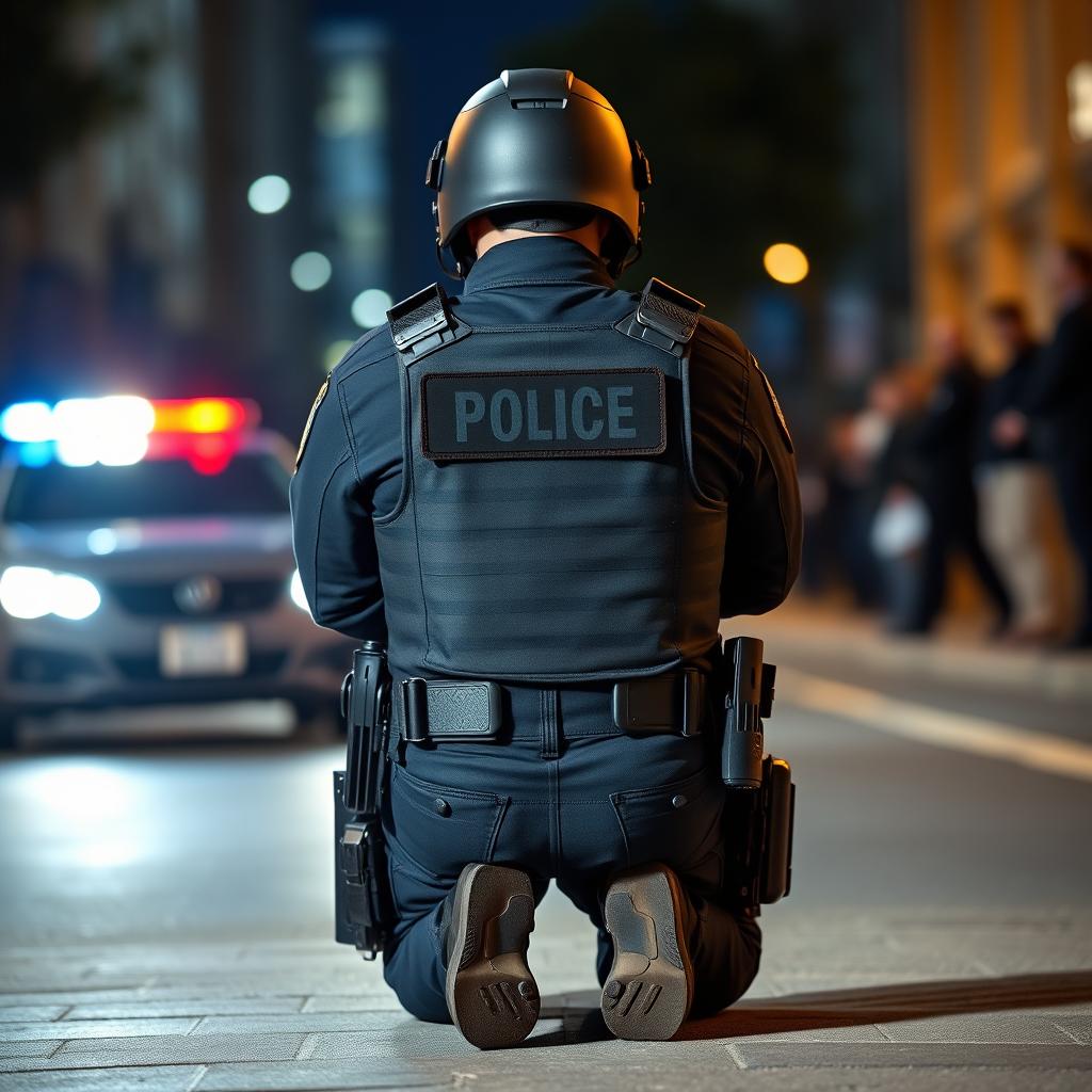 A policeman in full tactical gear, including a helmet and body armor, kneeling on a city street with his hands clasped behind his head in a surrendering position