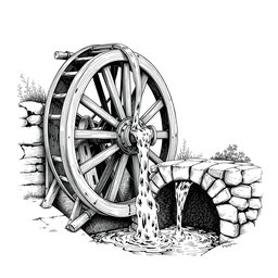 A detailed black and white drawing of a large wooden water wheel actively lifting water into a stone aqueduct