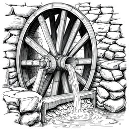 A detailed black and white drawing of a large wooden water wheel actively lifting water into a stone aqueduct