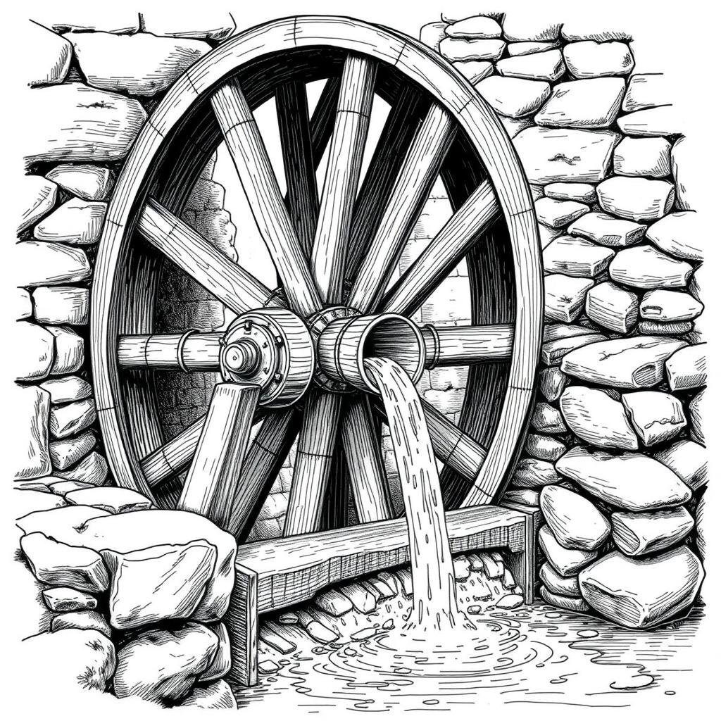 A detailed black and white drawing of a large wooden water wheel actively lifting water into a stone aqueduct