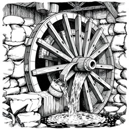 A detailed black and white drawing of a large wooden water wheel actively lifting water into a stone aqueduct