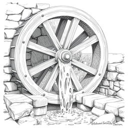 A detailed black and white drawing of a large wooden water wheel actively lifting water into a stone aqueduct