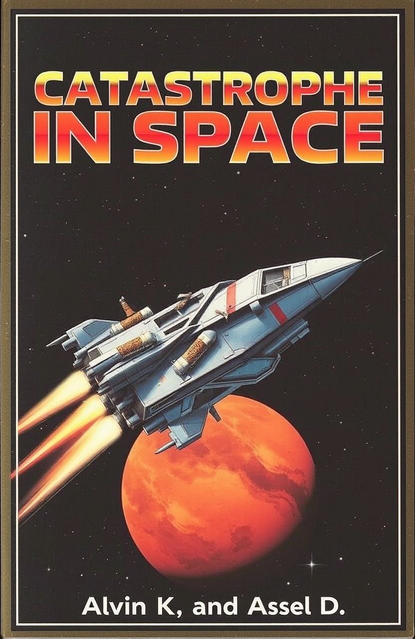 A partially damaged spaceship hurtling through space, approaching the red planet Mars