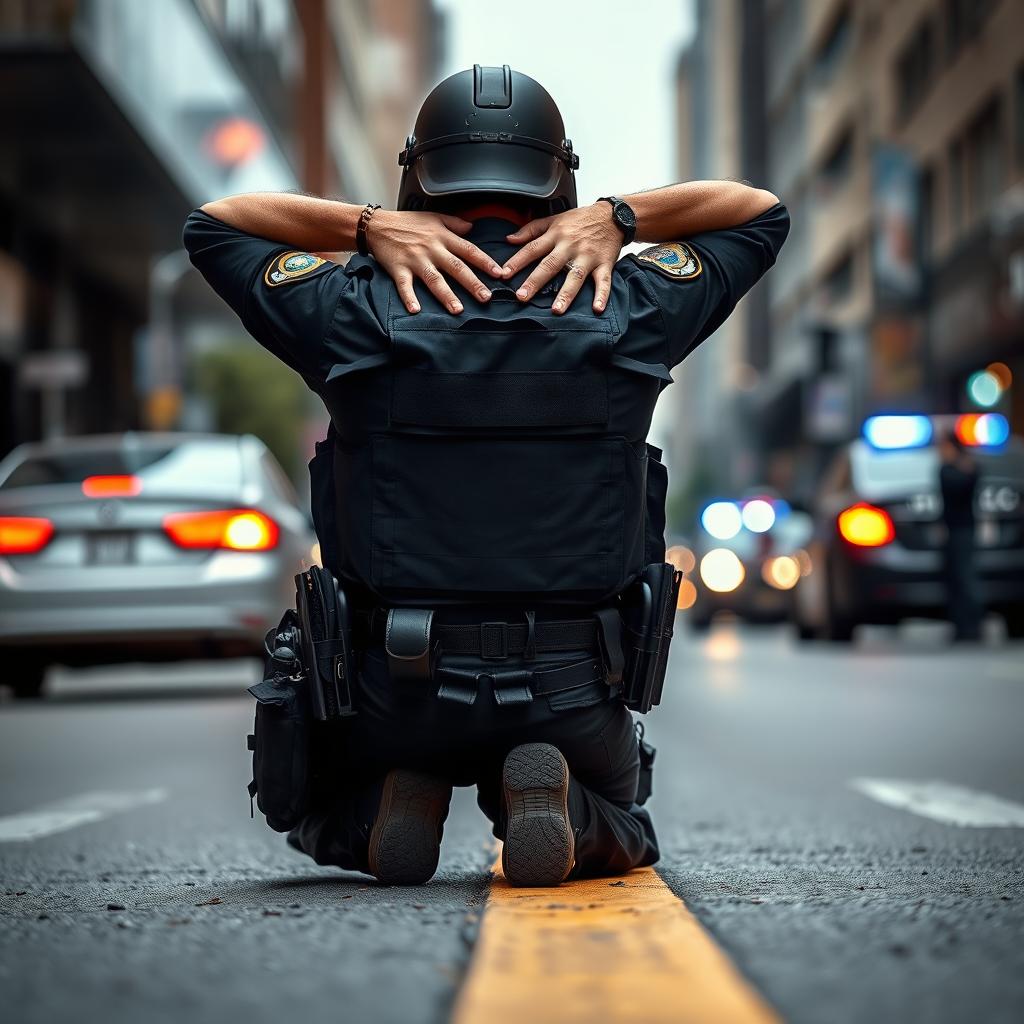 A policeman in full tactical gear, including a bulletproof vest, helmet, and utility belt, kneeling on an urban street with his hands placed behind his head in a surrendering position
