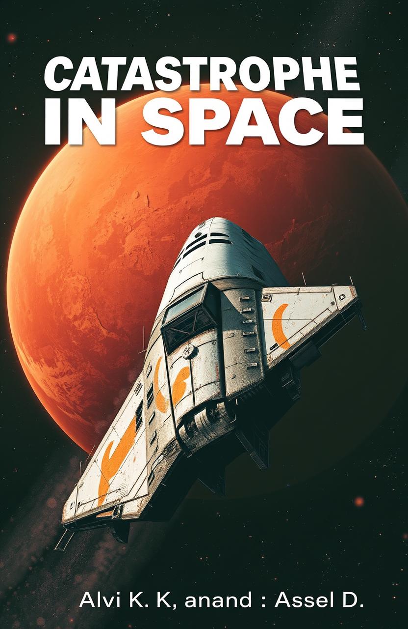 A partially damaged spaceship navigating through space, venturing closely towards the striking red planet Mars