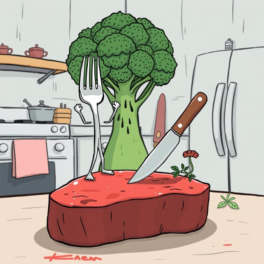 In a cartoon-style fairy tale kitchen with a cooler color palette, a tiny fork character stands triumphantly on a steak, while a small knife character slices through the meat