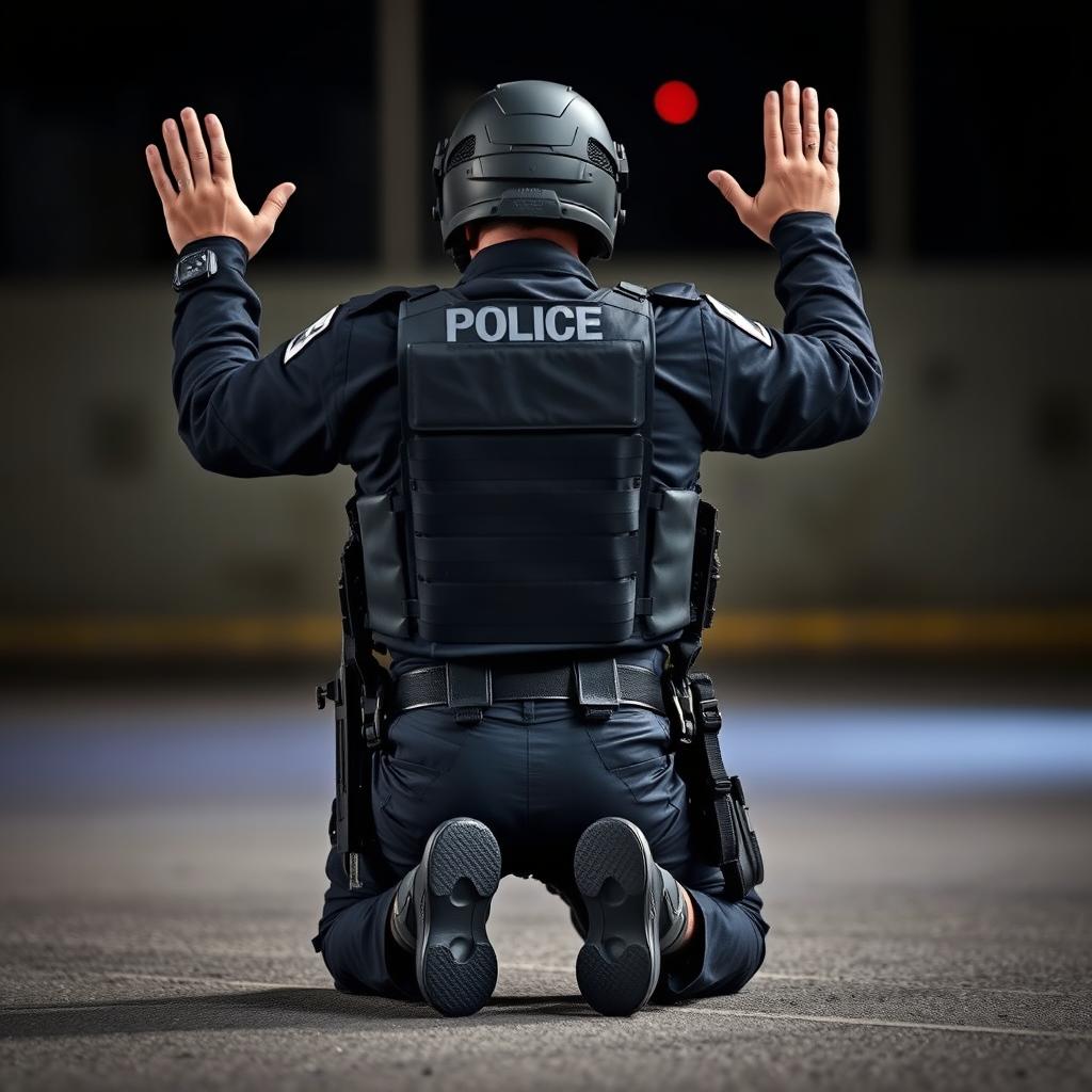 A policeman in full tactical gear, complete with a helmet and body armor, is depicted kneeling on the ground with his hands raised in surrender