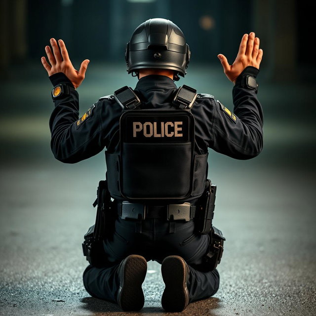 A Moment of Surrender: Policeman Kneeling in Full Gear