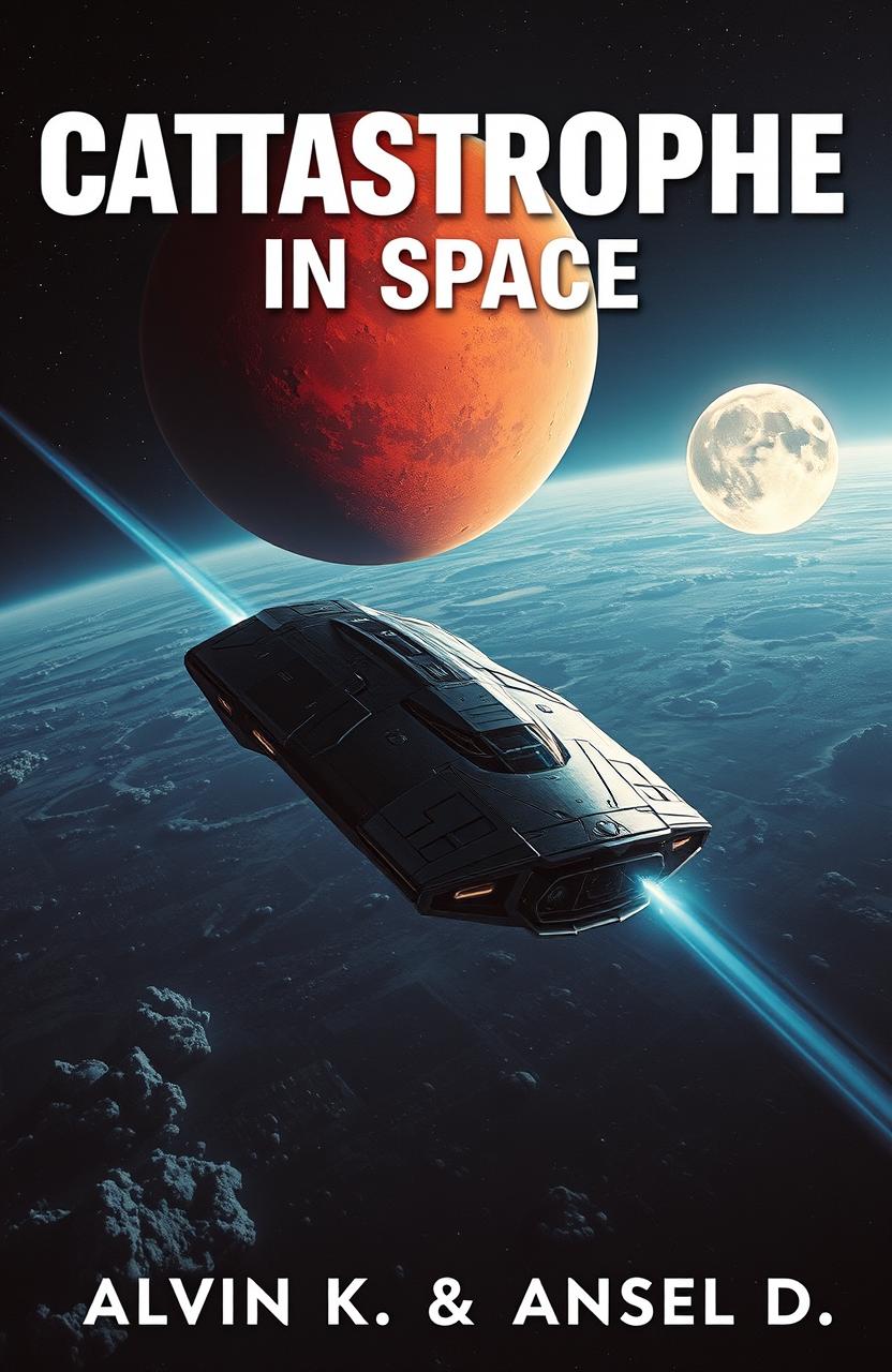 A futuristic spaceship gliding through the vastness of space, approaching the red planet Mars, vividly showcasing its rocky surface and reddish hue