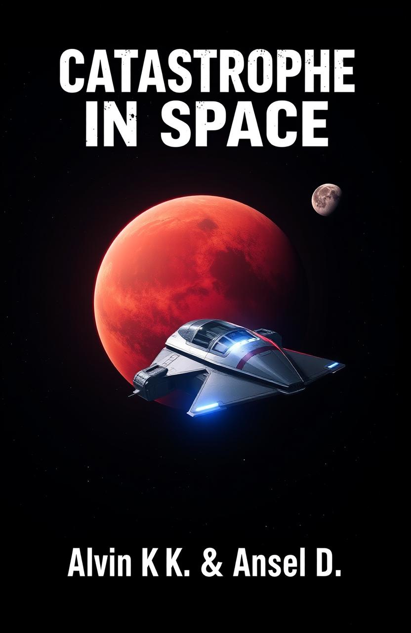 A futuristic spaceship soaring through the dark vastness of space, approaching the vibrant red planet Mars