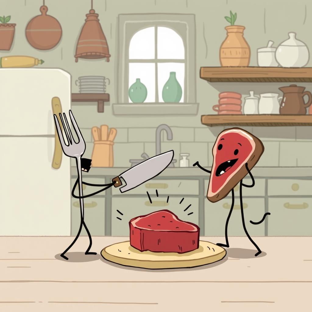 In a cartoon-style fairy tale kitchen with a cooler color palette, a tiny fork character, a small knife character, and a little steak character are comically engaged in a playful battle