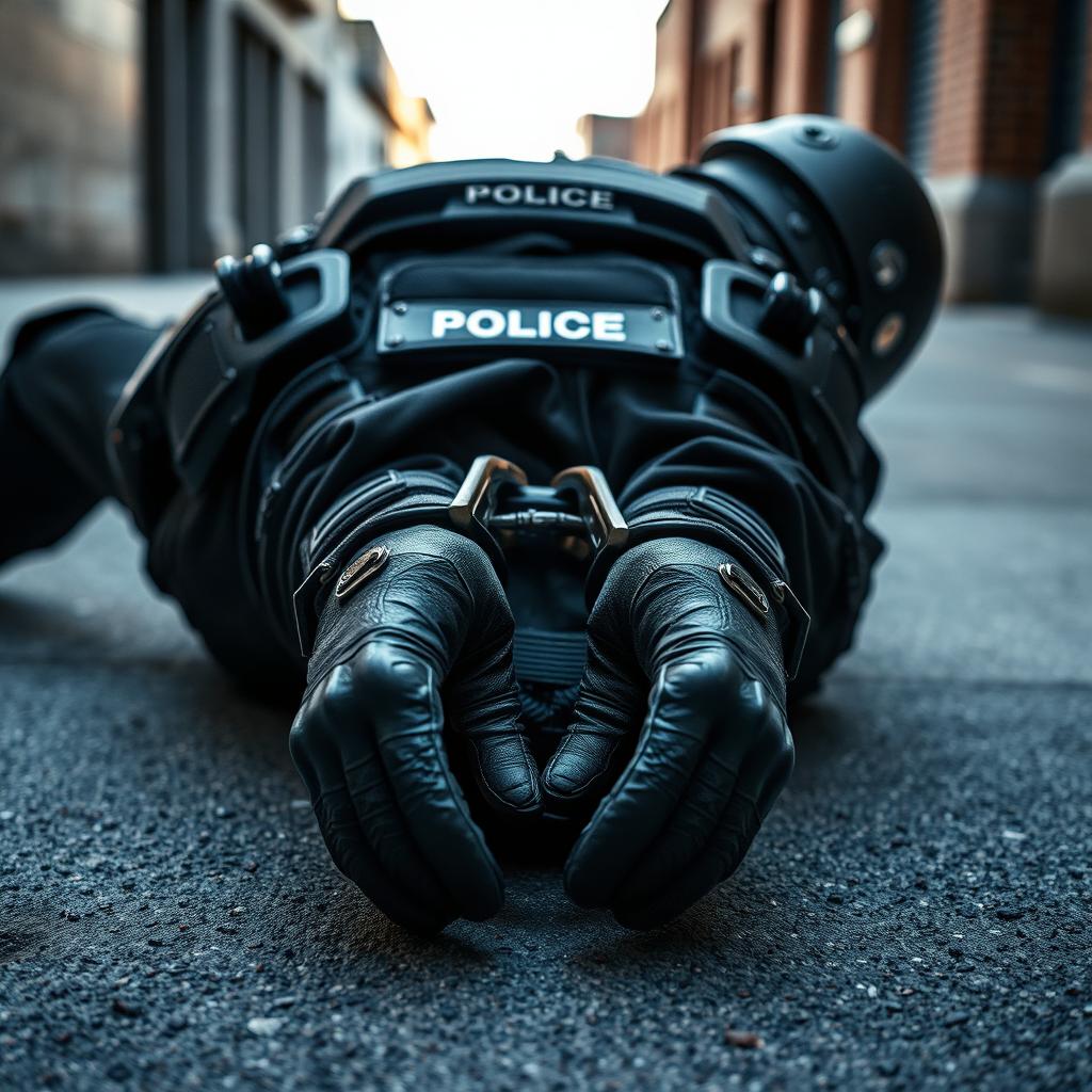 A policeman in full tactical gear, including a helmet and body armor, is lying face down on the ground with his hands cuffed behind his back