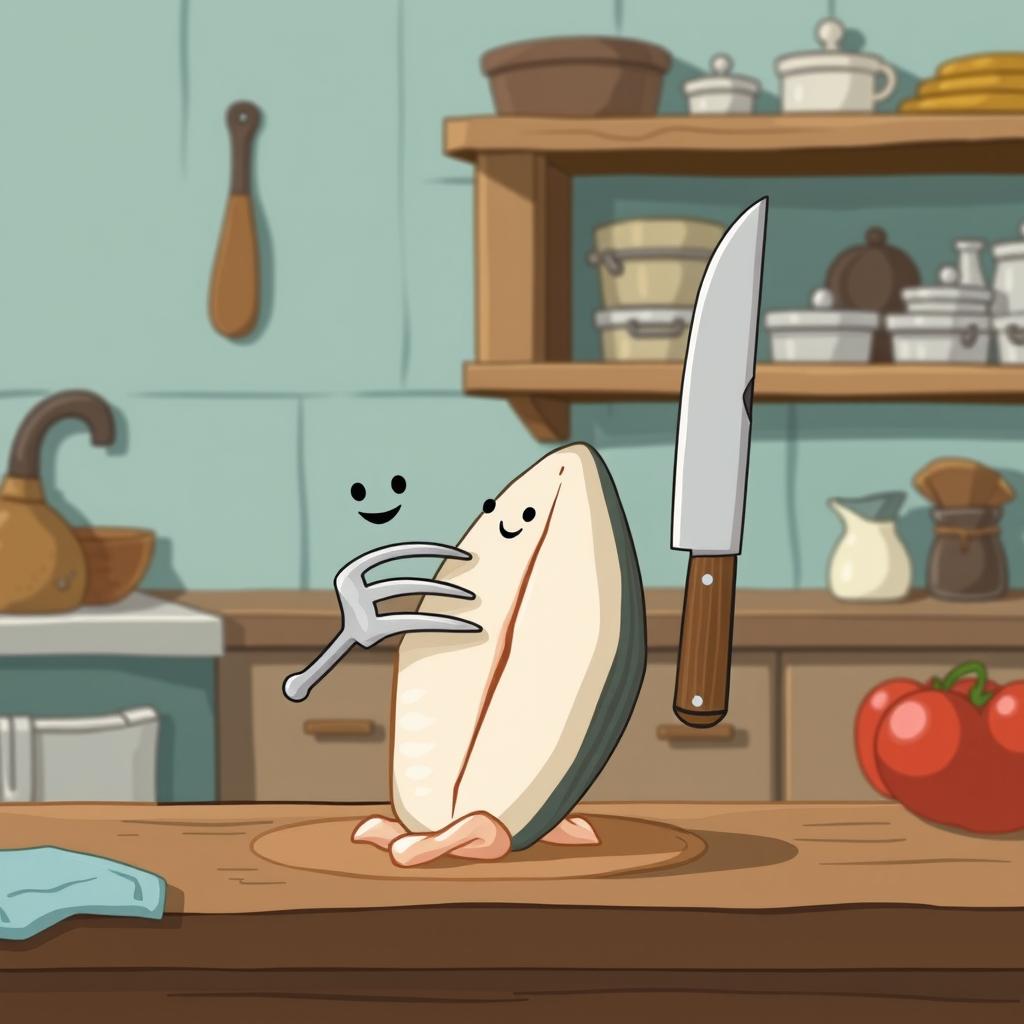 In a cartoon-style fairy tale kitchen with a cooler color palette, a tiny fork character is firmly holding a fish fillet in place, while a small knife character is actively slicing the fish into delicate pieces
