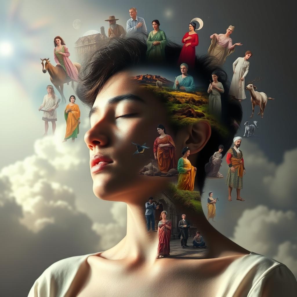 A person in a serene setting, deeply immersed in a dream state, visualizing glimpses of their past lives