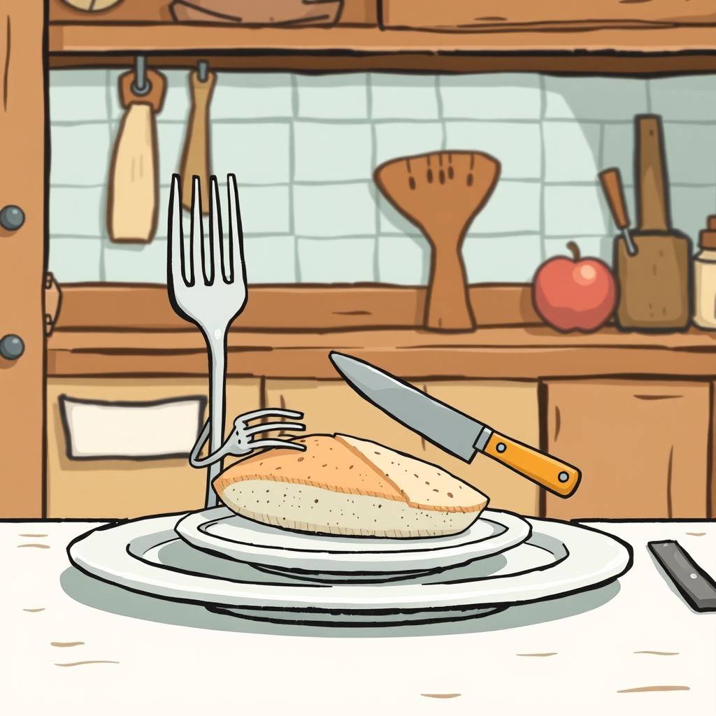 In a cartoon-style fairy tale kitchen with a cooler color palette, a tiny fork character is securely holding a fish fillet on a plate while a small knife character is in the process of slicing the fish into delicate pieces
