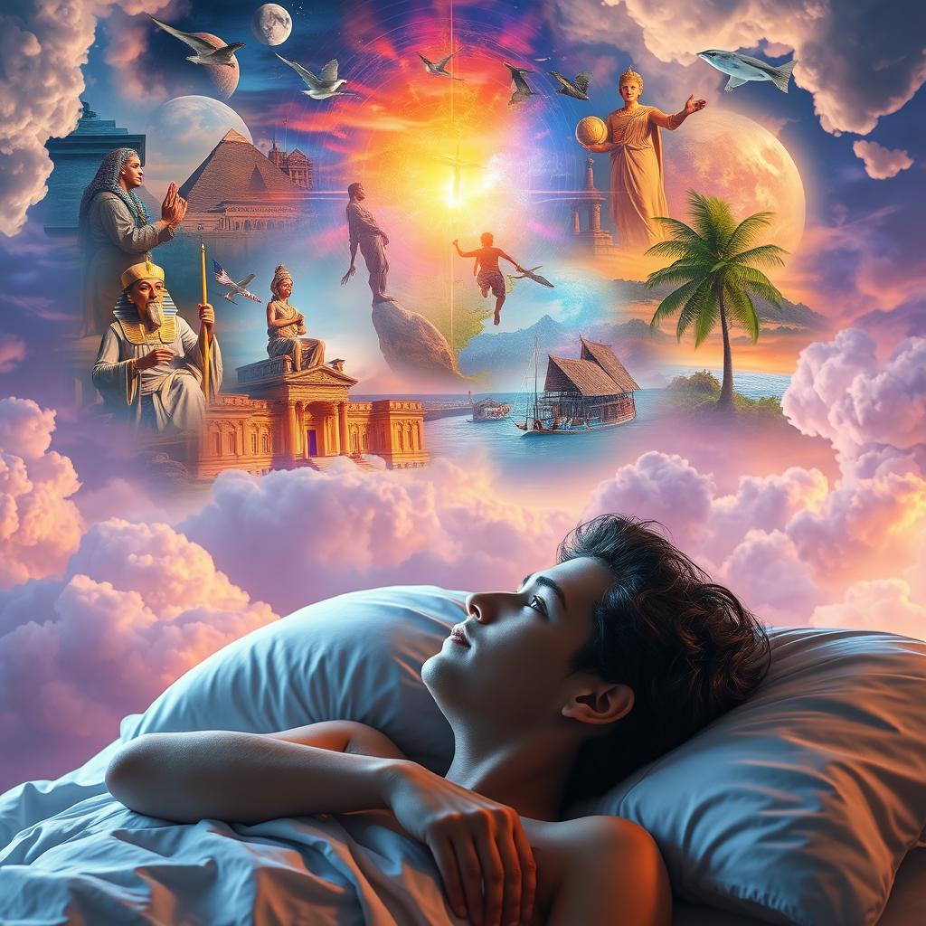 A surreal scene depicting a person experiencing past lives through vivid dreams