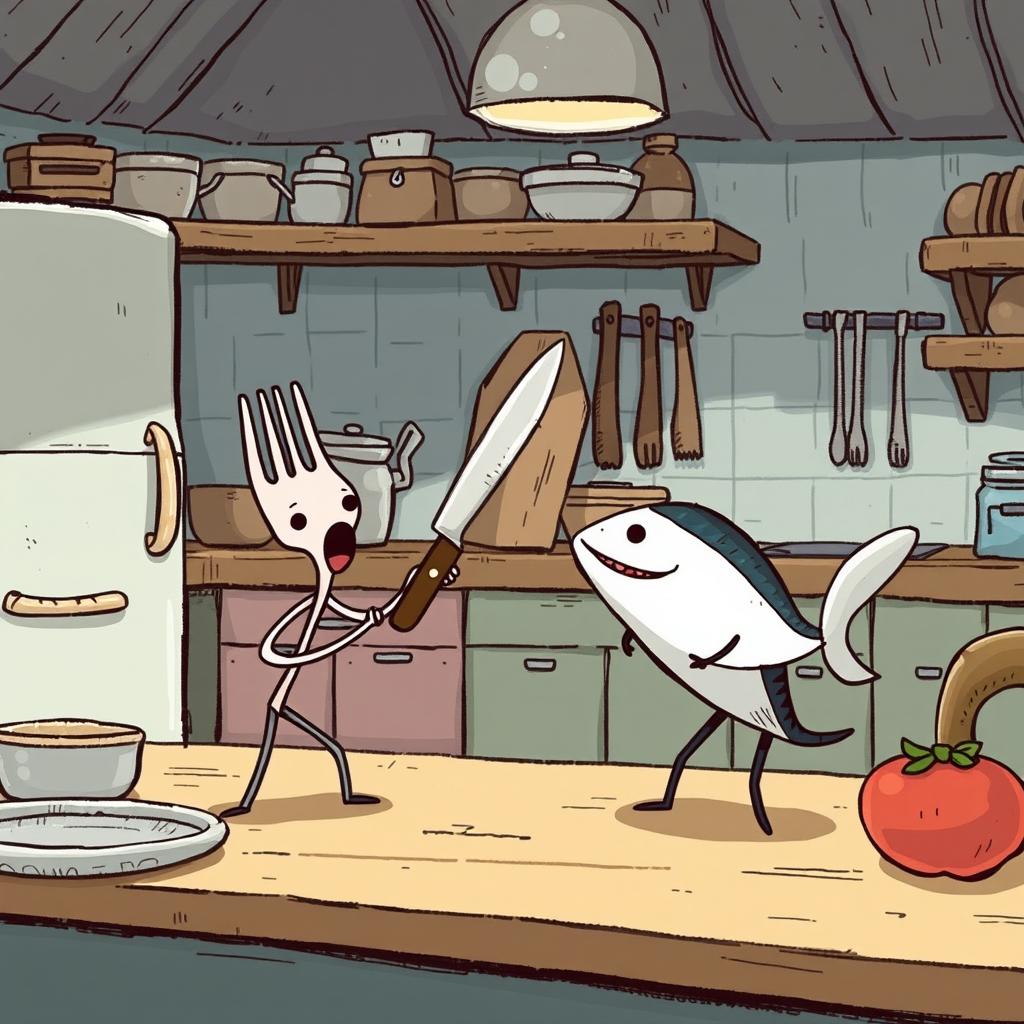 In a cartoon-style fairy tale kitchen with a cooler color palette, a tiny fork character, a small knife character, and a little fish fillet character are humorously engaged in a playful scuffle