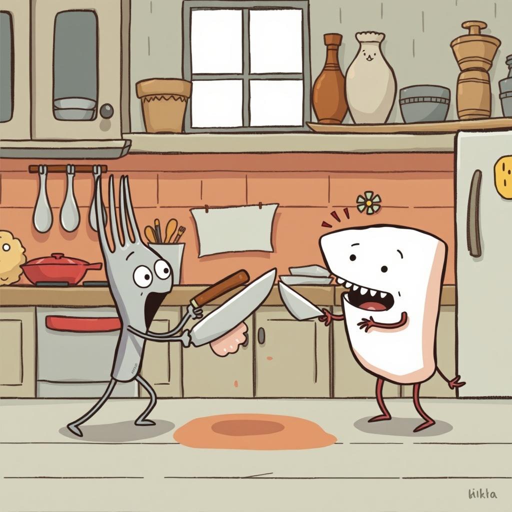 In a cartoon-style fairy tale kitchen with a cooler color palette, a tiny fork character, a small knife character, and a little fish fillet character are comically engaged in a playful fight