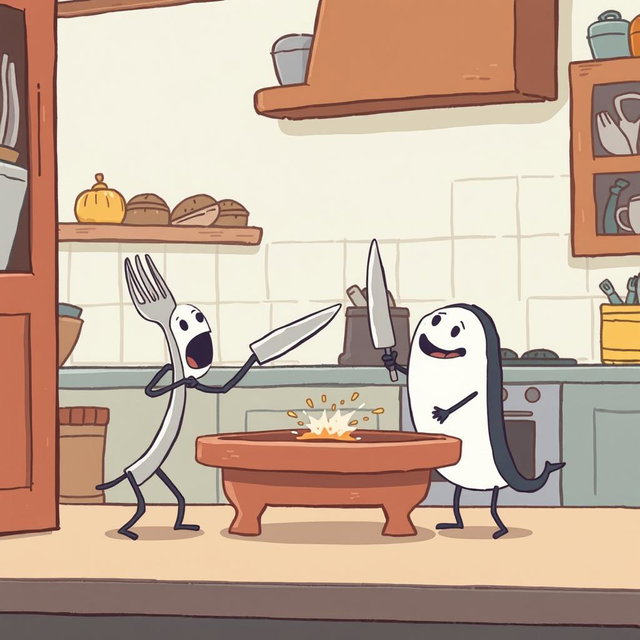 Playful Kitchen Showdown: Fork, Knife, and Fish Fillet
