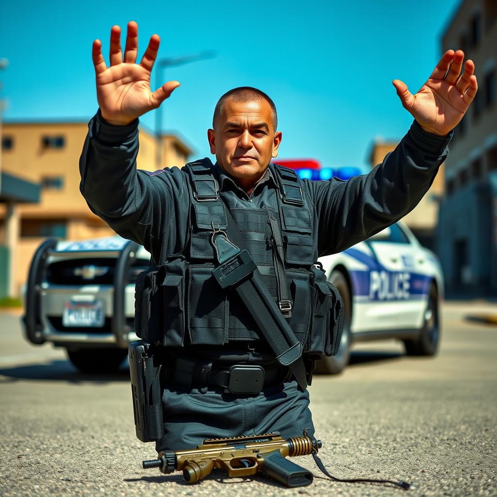 A scene showing a policeman in full tactical gear, surrendering with his hands raised in the air