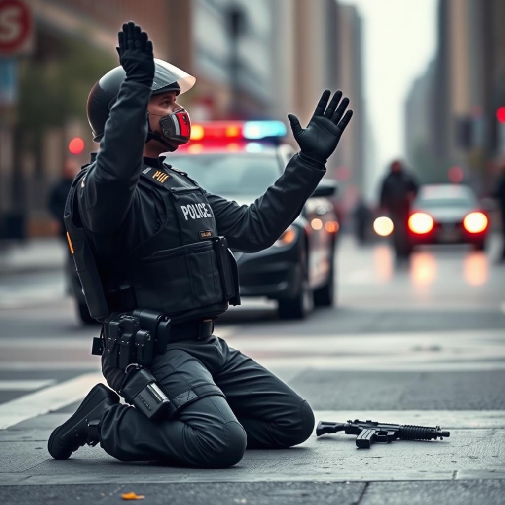A scene depicting a policeman in full gear, surrendering and kneeling with his hands raised in the air