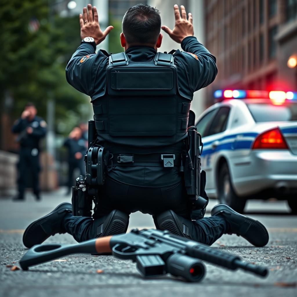 A large policeman in full tactical gear, surrendering during an arrest, kneeling with hands raised in the air