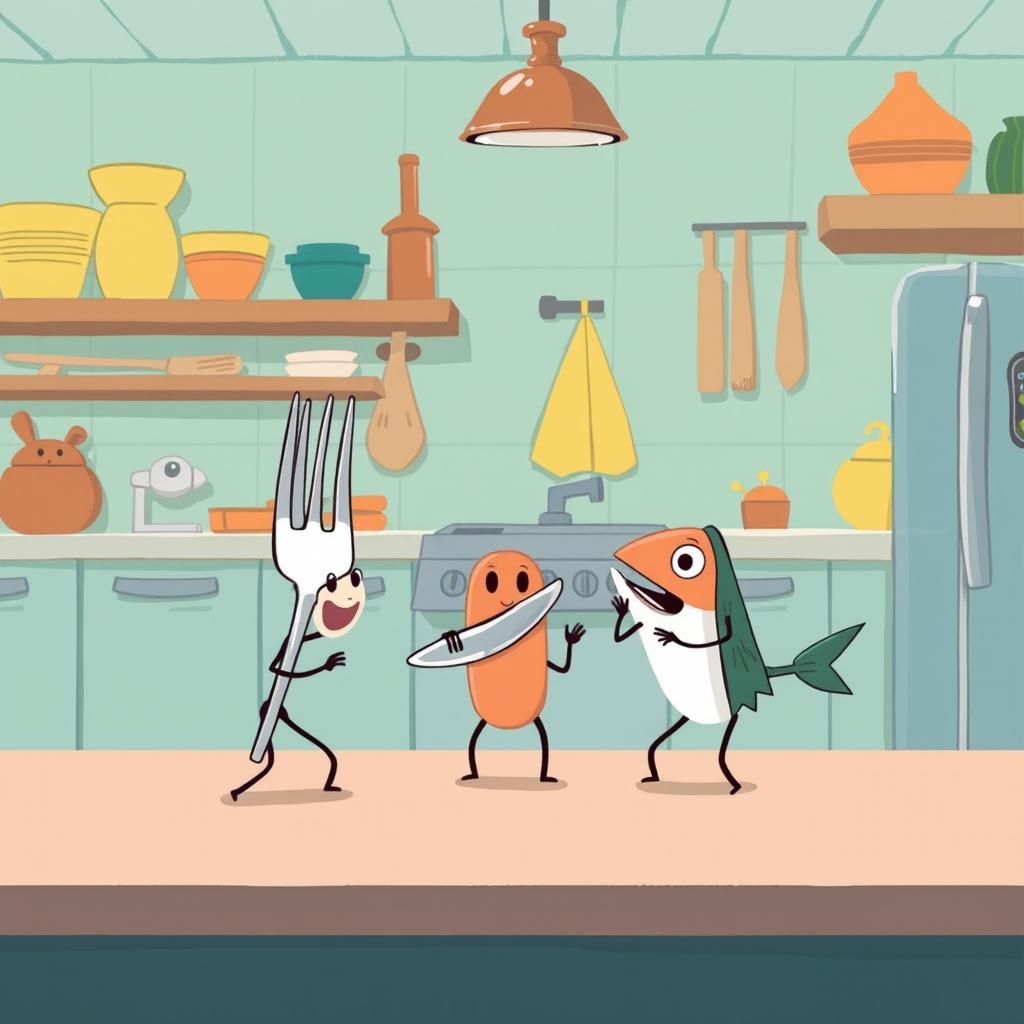 Playful Kitchen Showdown: Fork, Knife, and Fish Fillet