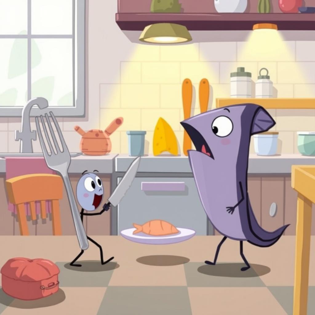 In a cartoon-style fairy tale kitchen with a cooler color palette, a tiny fork character, a small knife character, and a little fish fillet character are engaging in a playful competition