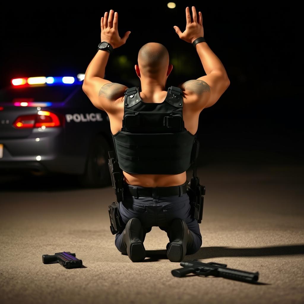 A policeman in full tactical gear is surrendering, kneeling down with his hands raised in the air