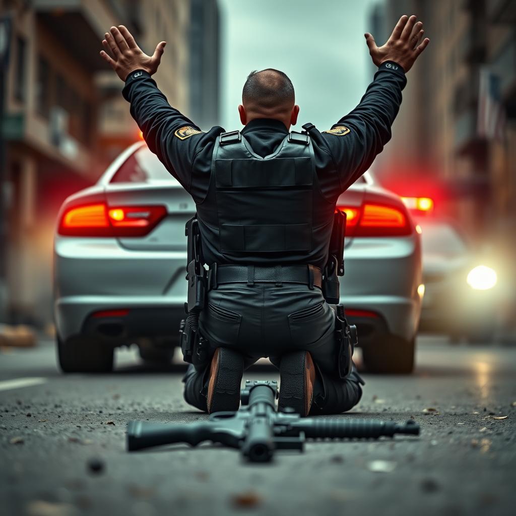 A scene depicting a policeman in full tactical gear, surrendering with his hands raised above his head while kneeling on the ground