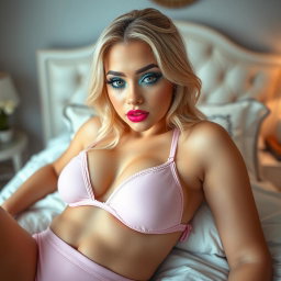 A sexy plump innocent blonde young woman lying in a beautifully styled bedroom, clad in tiny pink bikini underwear