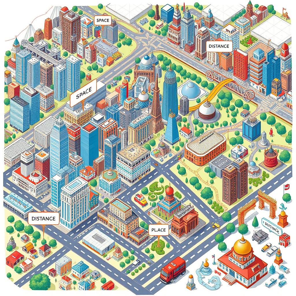 An intricate and visually engaging illustration representing the four key themes of Urban Geography: space, territoriality, distance, and place