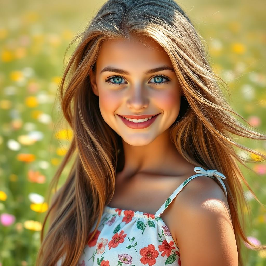 A stunning portrait of an 18-year-old woman with long flowing hair, striking blue eyes, and a radiant smile