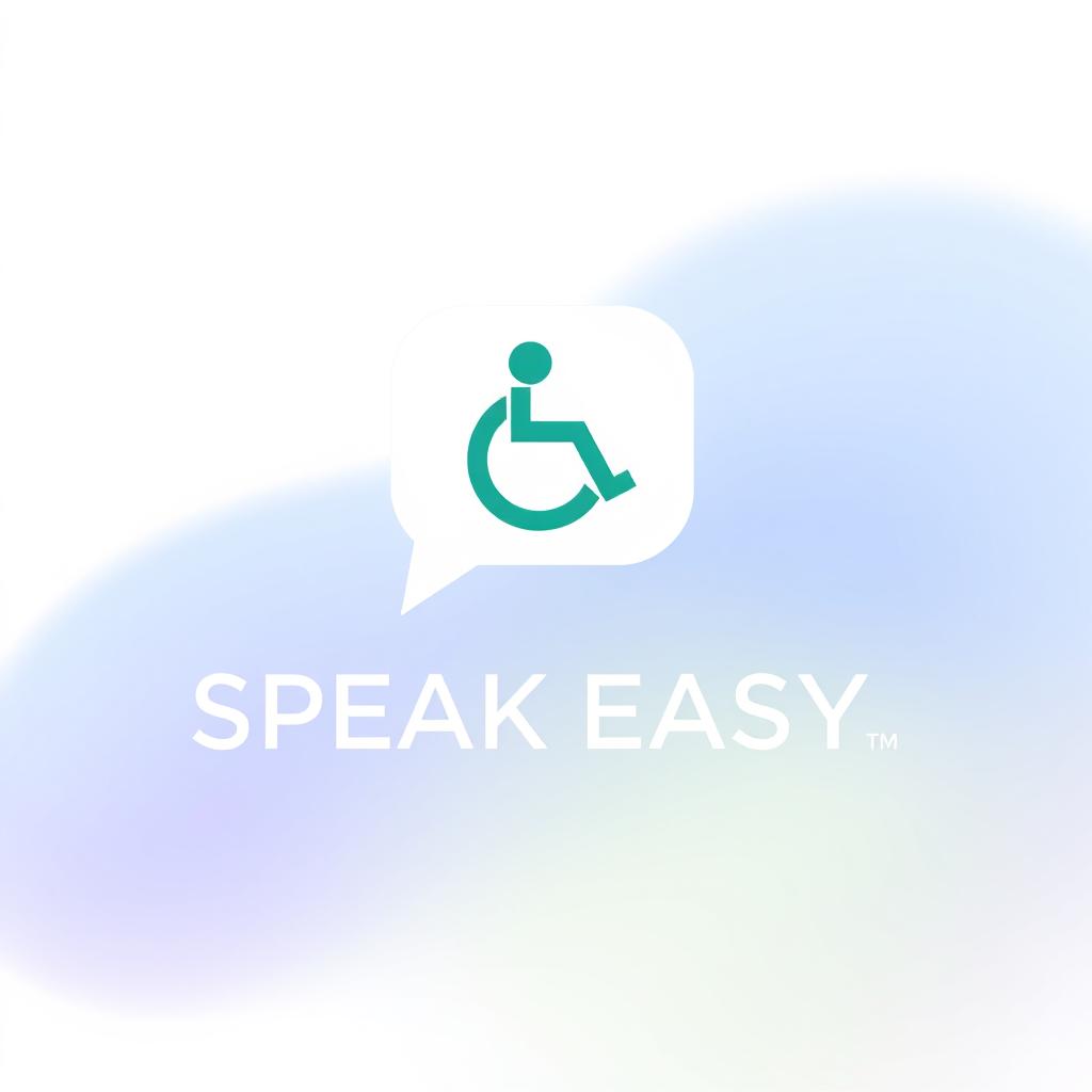 A logo design for "SPEAK EASY" featuring a simple icon that cleverly combines a speech bubble with a symbol of accessibility, which could be represented by a wheelchair or a hand sign