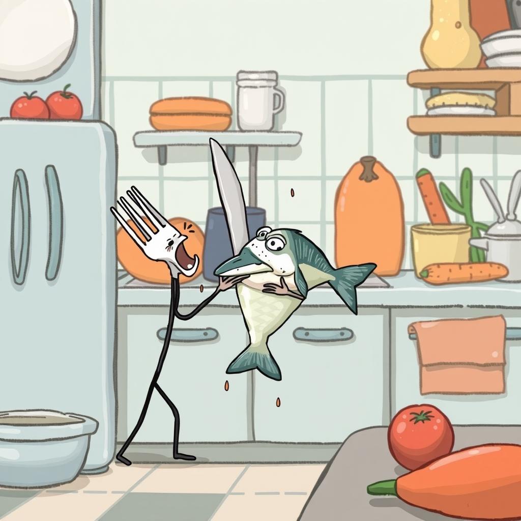 In a cartoon-style fairy tale kitchen with a cooler color palette, a tiny fork and knife are comically entangled in a playful tussle with a little fish fillet