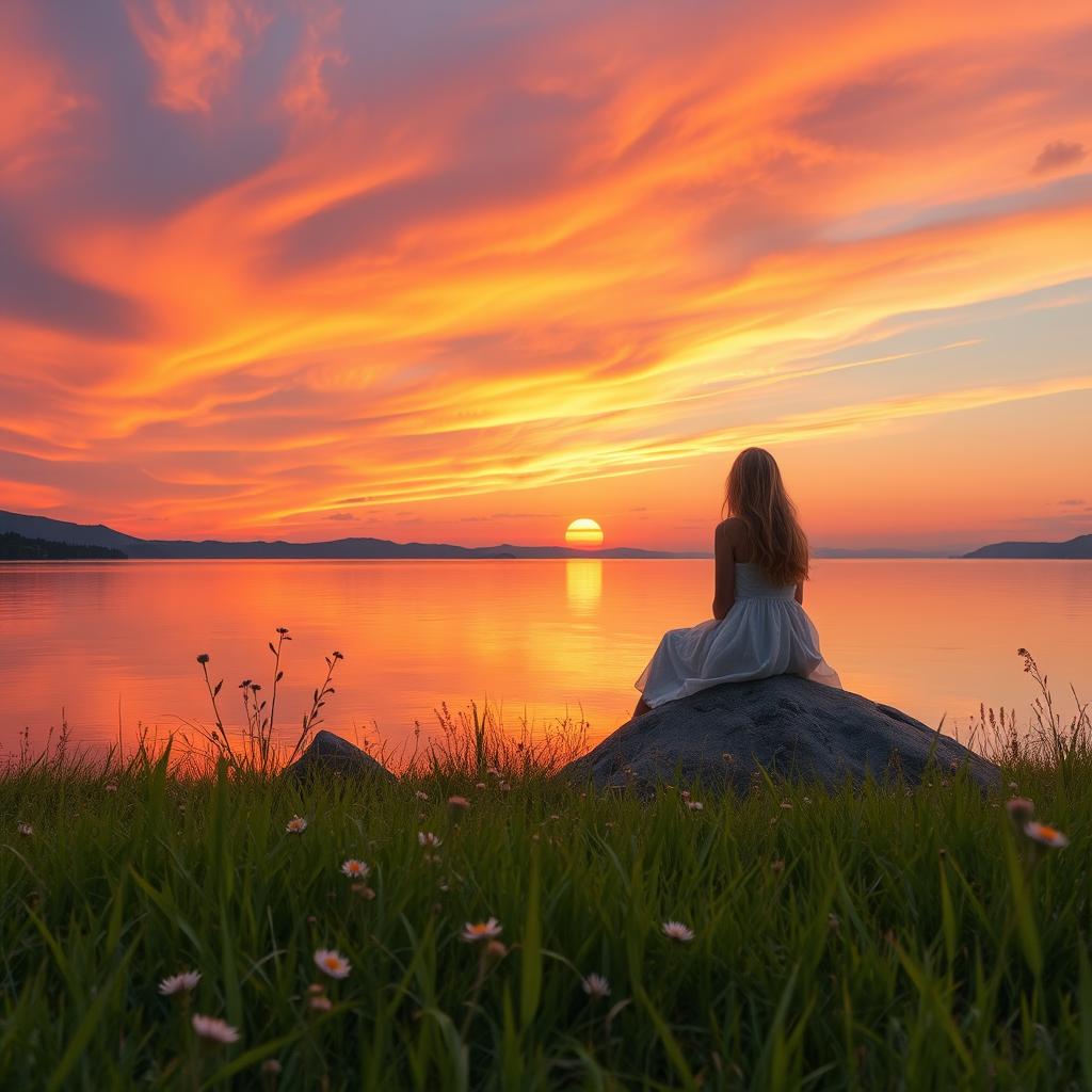 A serene landscape featuring a vibrant sunset over a calm lake, reflecting hues of orange, pink, and purple in the sky
