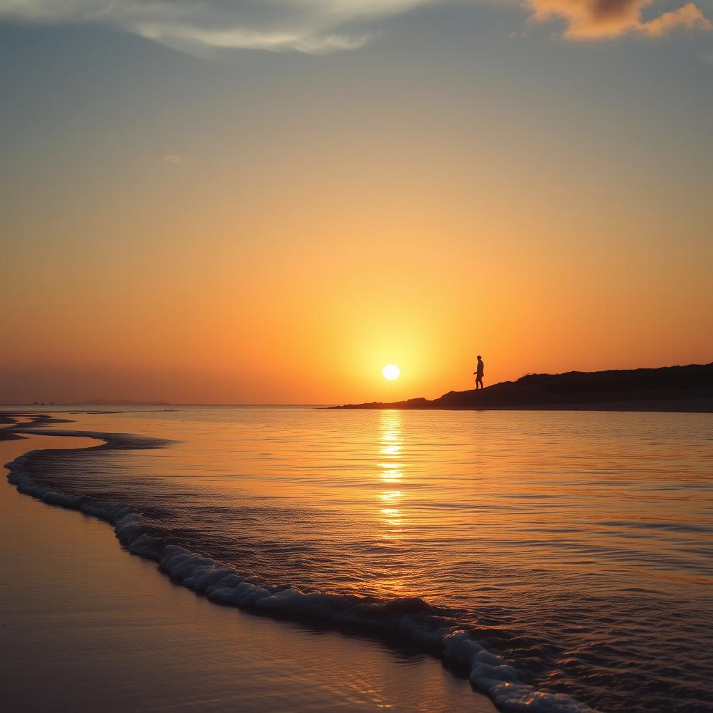 A scenic landscape featuring a tranquil beach at sunset, with gentle waves lapping at the shore