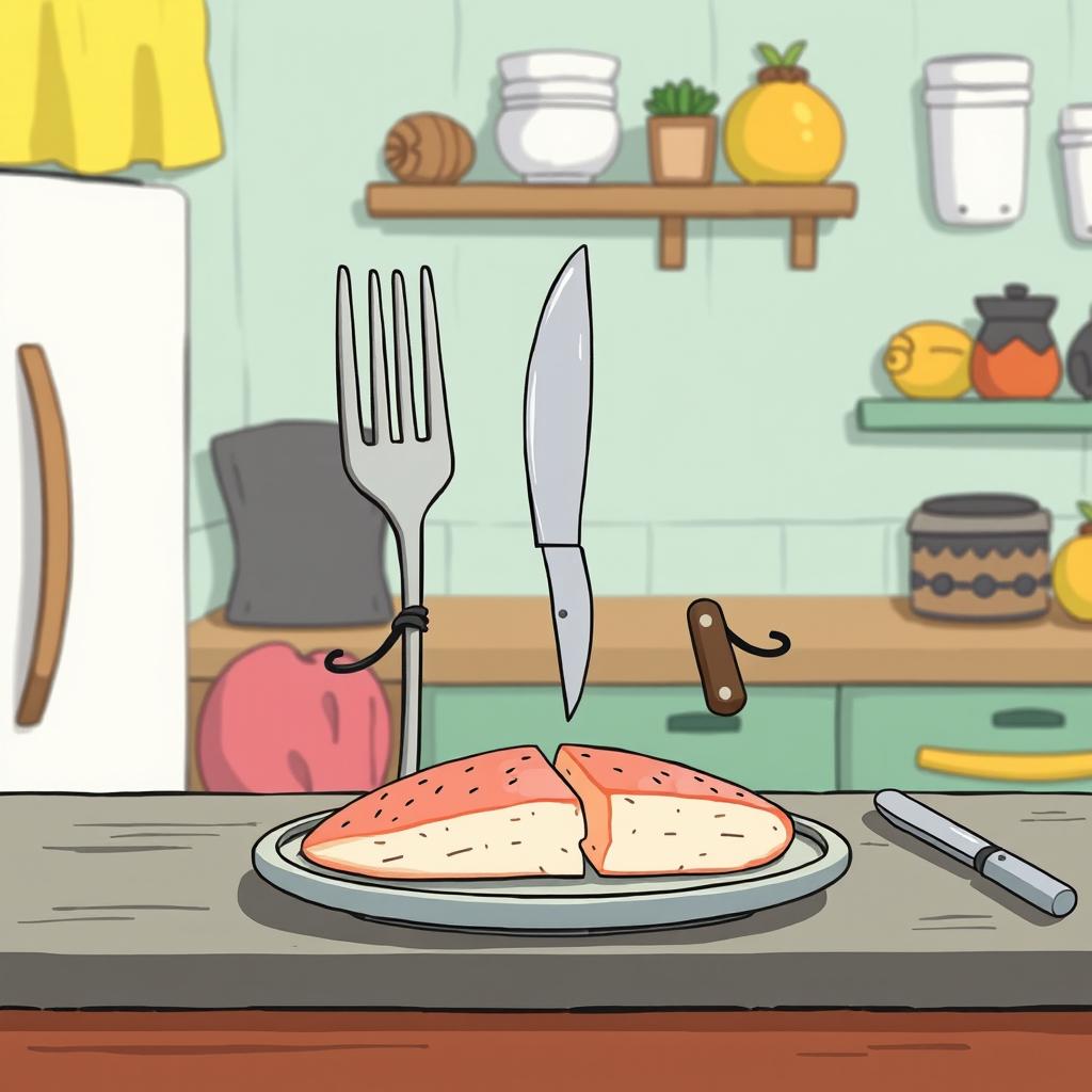 In a cartoon-style fairy tale kitchen with a cooler color palette, a tiny fork and a small knife are humorously depicted as dividing a fish fillet into two halves