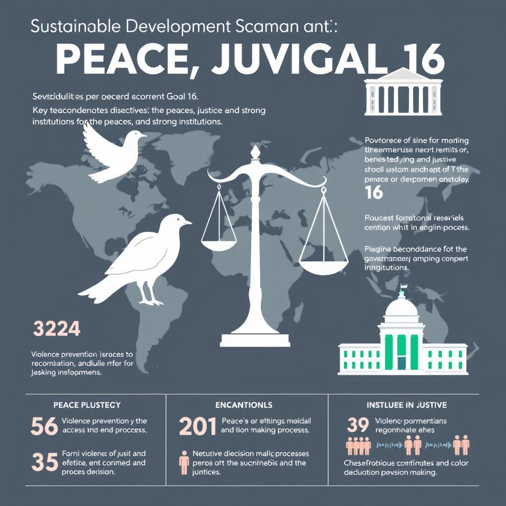A visually appealing infographic illustrating the key aims and objectives of Sustainable Development Goal 16, which promotes peace, justice, and strong institutions